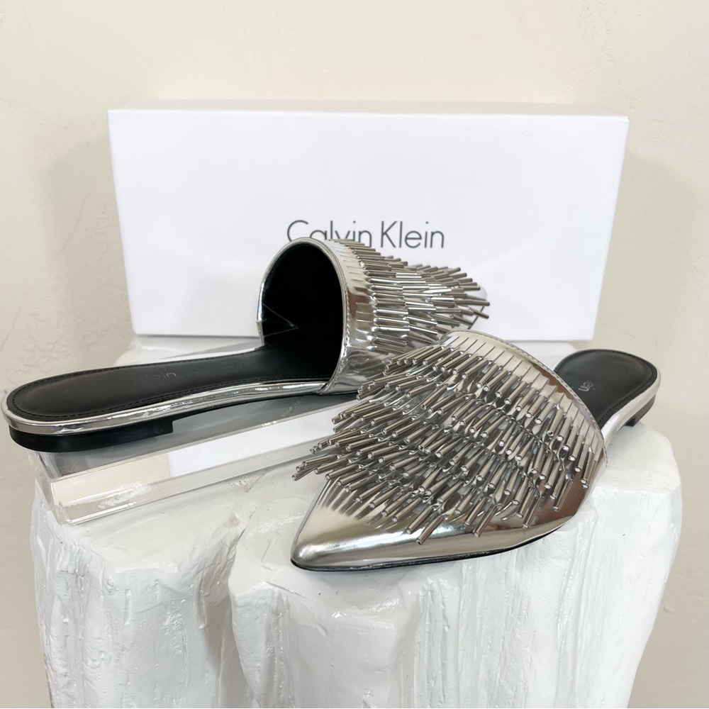 Calvin Klein Addie Metallic Silver Fringe Mule Slide - Picture 1 of 15